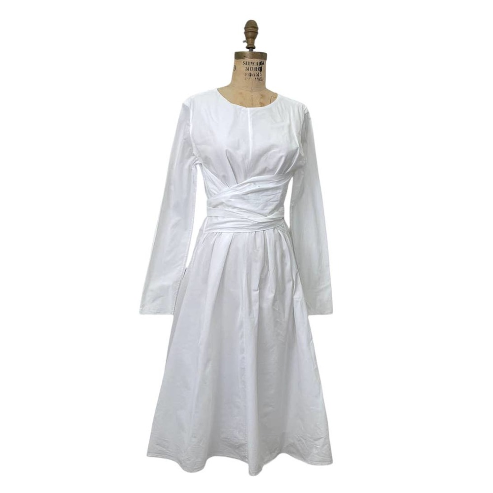 Merlette White A Line HUGE Sash Pearl Neck Minimal Dress Cotton sz Medium